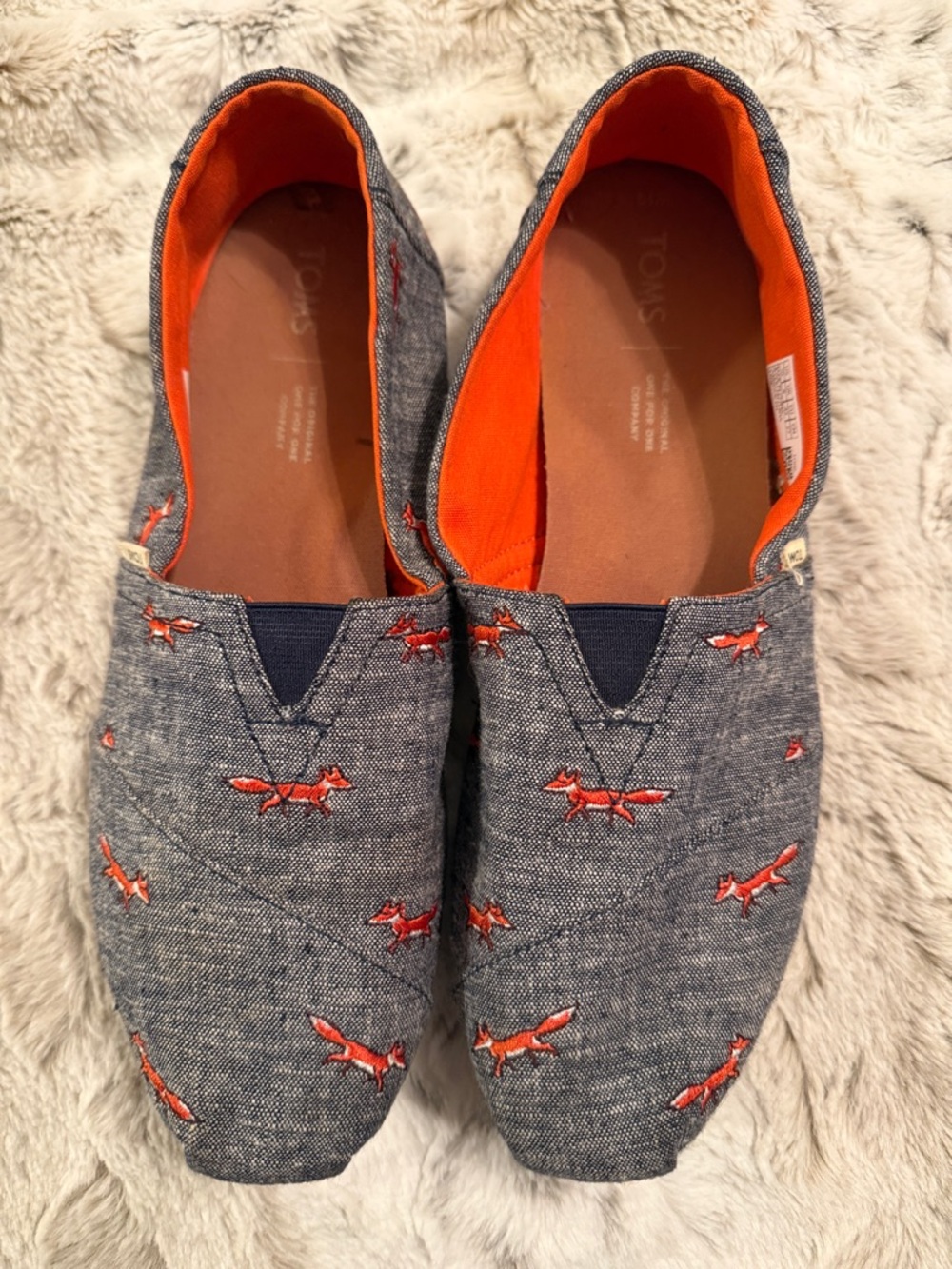 Toms Gray Chambray Slip-On Loafers with Orange Fox Embroidery